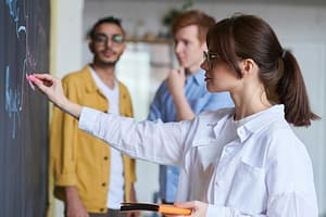 Workshop participants at a white board